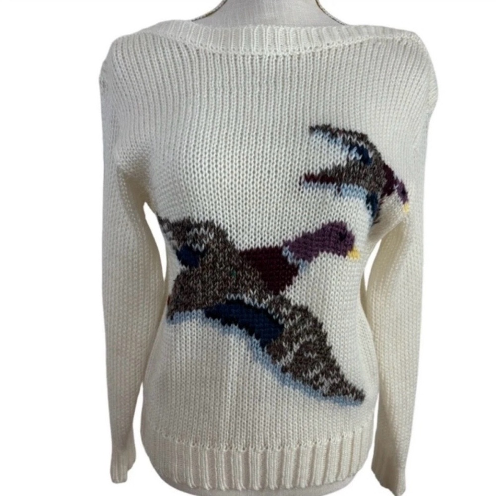 VTG 80s Women's Mallard Duck Boat Neck Ivory Sweater Cable Knit Sz M Preppy